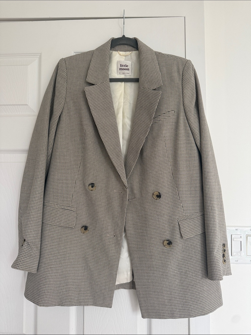 Little Moon Men's Double-Breasted Micro-Houndstooth Blazer - Taupe